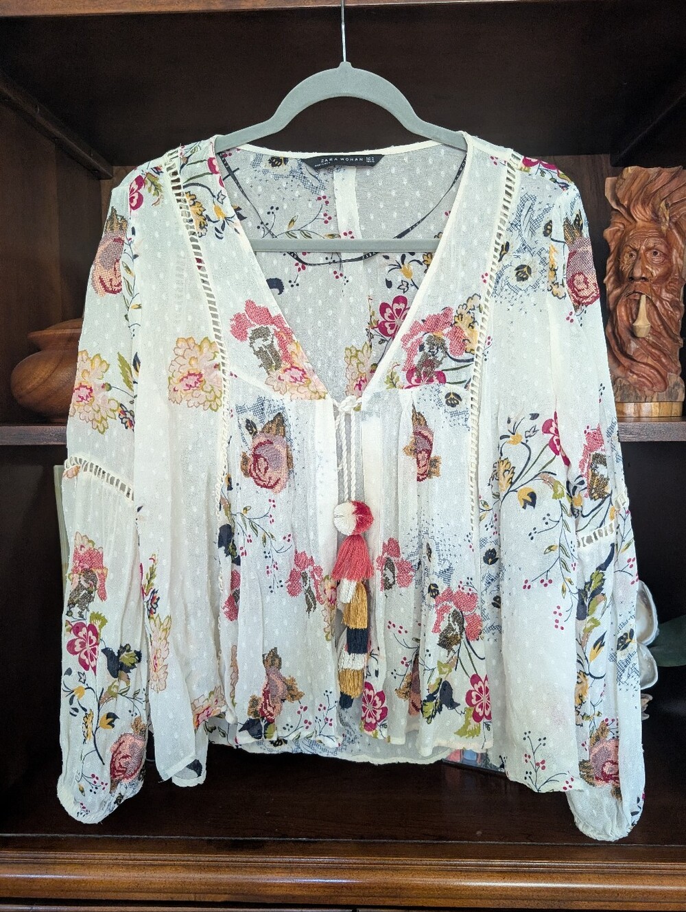 Zara Cream Floral Top/Kimono with Tassel Tie Size Medium
